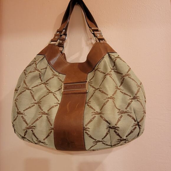 Rare Longchamp Logo Brown Jacquard & Brown Leather Hobo Shoulder Bag - Picture 15 of 16